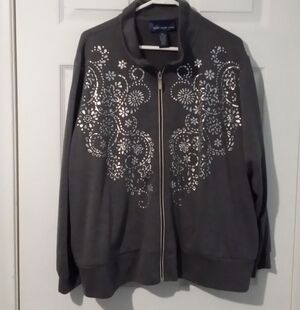 Susan Graver Charcoal Bomber Jacket with Metallic Floral Design